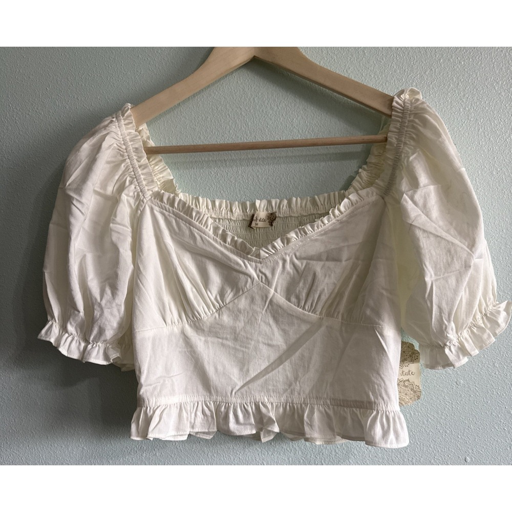 Altar'd State Cream Smocked Neckline Puff Sleeve Boho Peplum Crop Top Med NWT